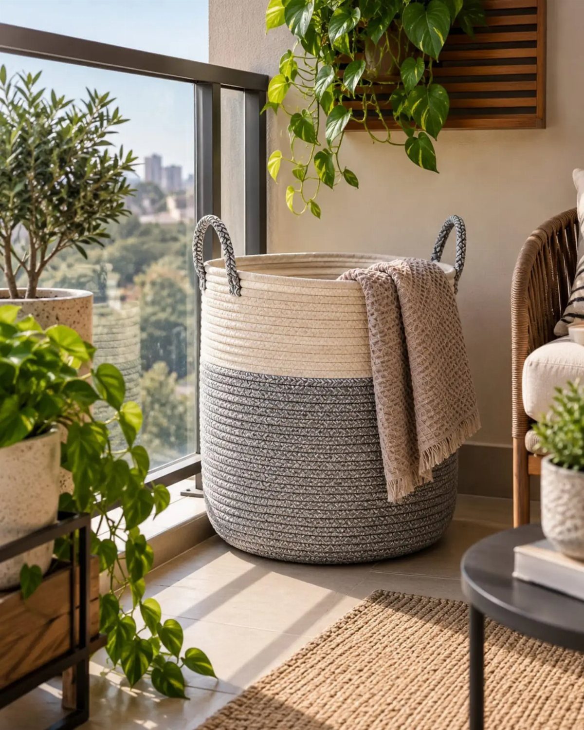 Woven grey and cream decorative basket with a tan throw on a balcony.