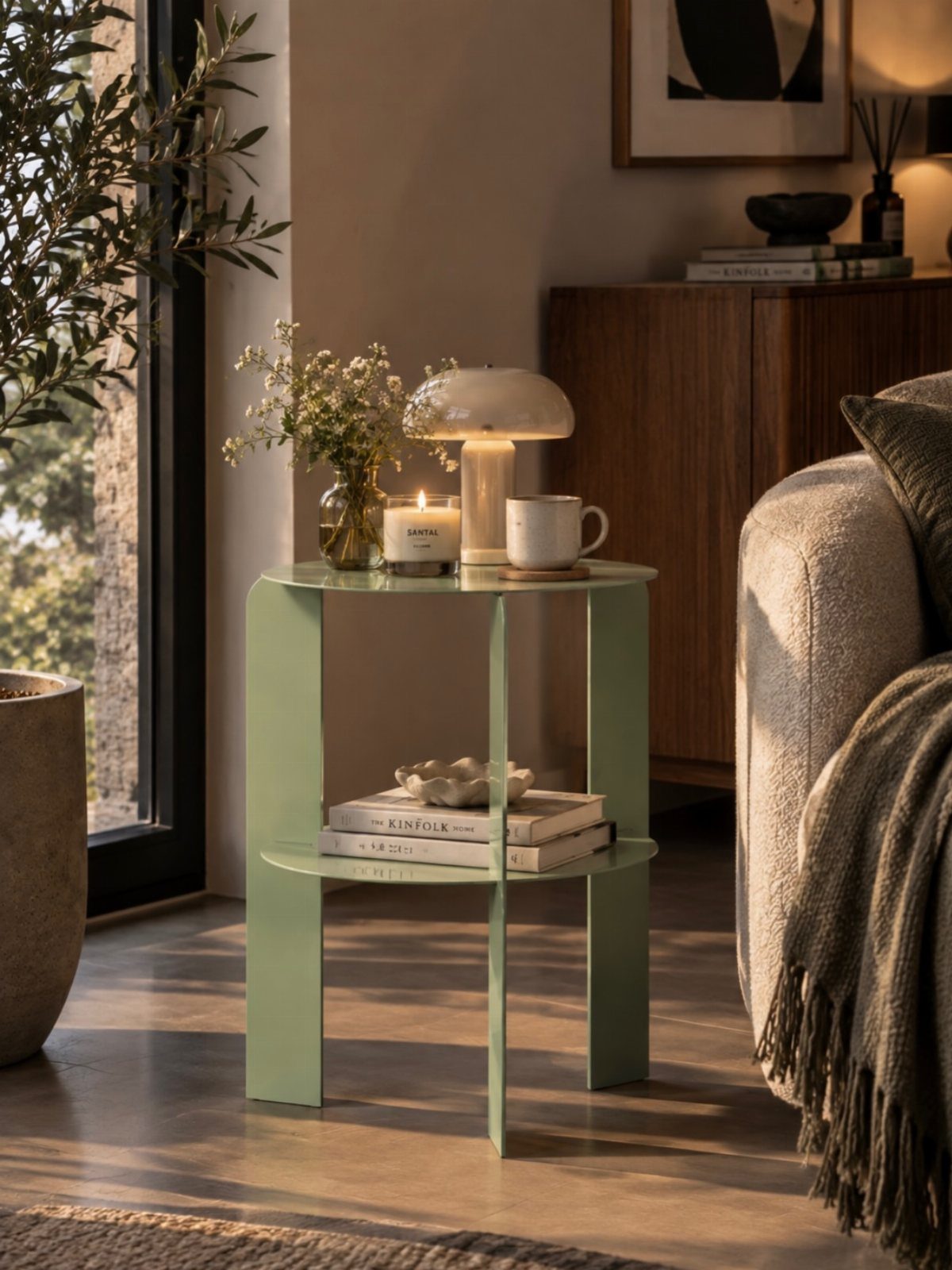 Light green metal side table with a lamp, candle, and books beside a sofa.