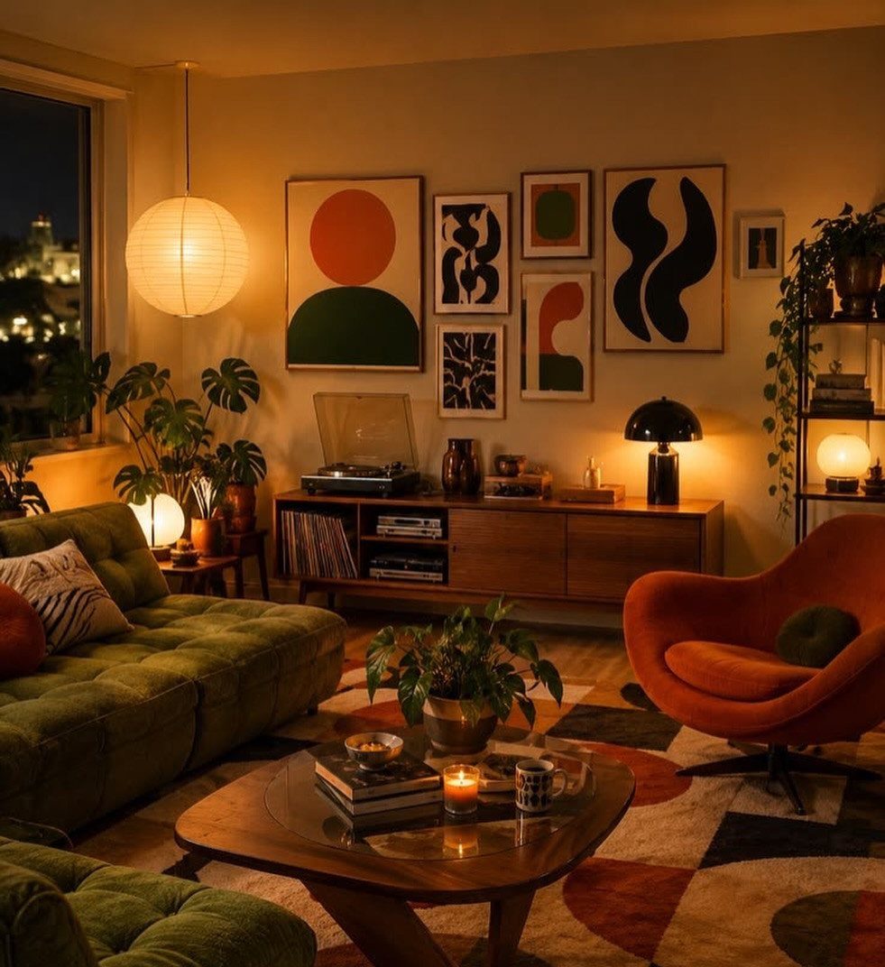 Orange swivel lounge chair in a warm, mid-century modern living room with abstract art.