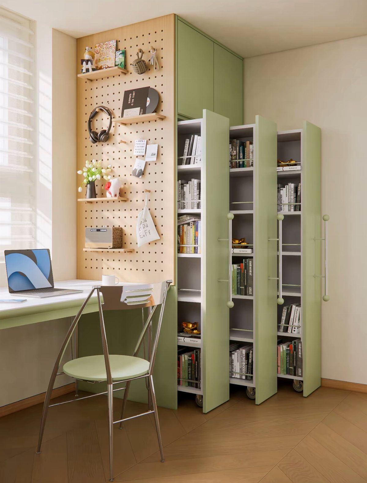 Pull-out green storage cabinet with books next to a wooden pegboard and desk.