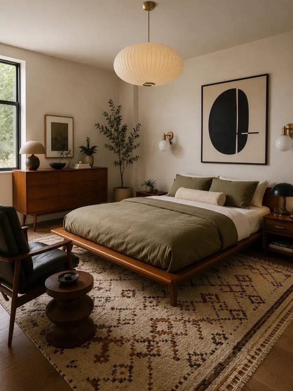 Wooden platform bed with olive green bedding and a patterned rug in a bedroom.