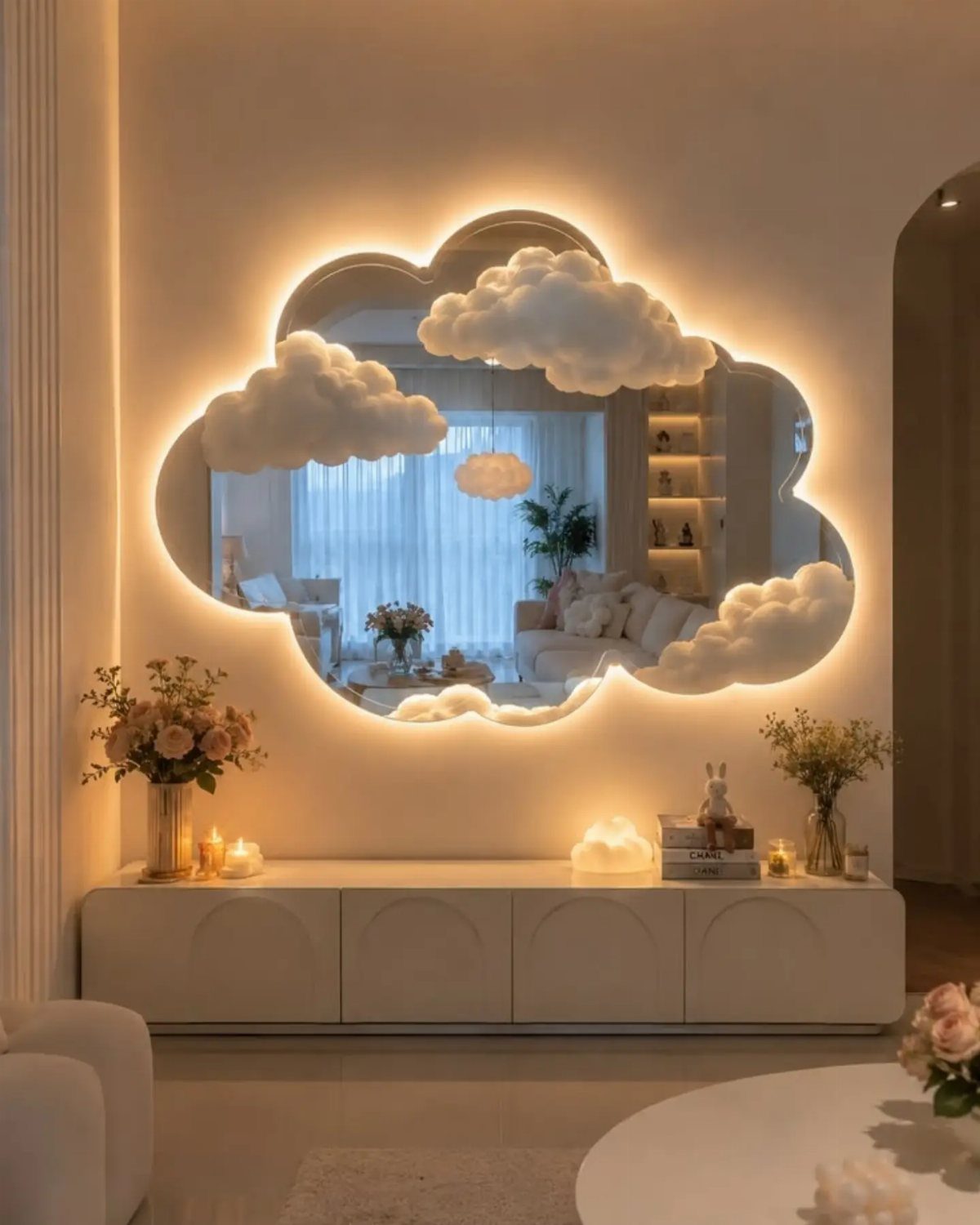 Cloud-shaped backlit wall mirror reflecting a bright living room above a white sideboard.