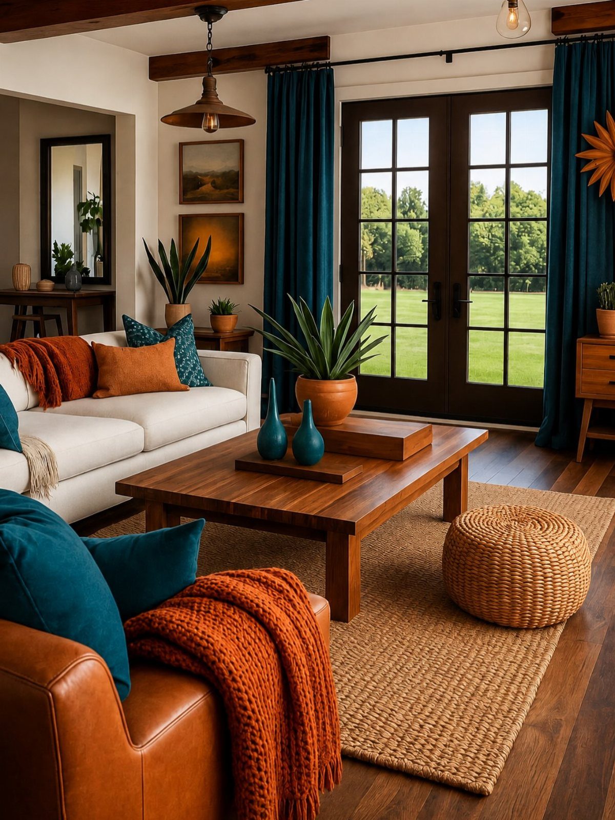 Living room with warm orange accents, teal curtains, and natural wooden furniture.