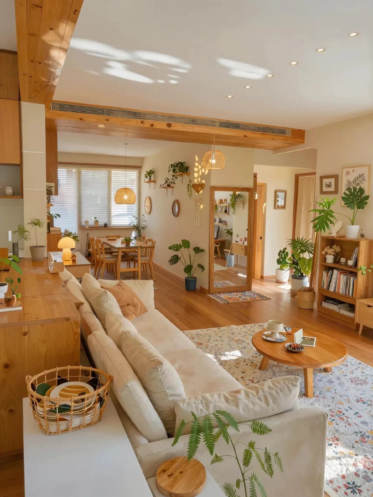 Bright living room featuring a wooden coffee table, dining set, and light-colored sofa.