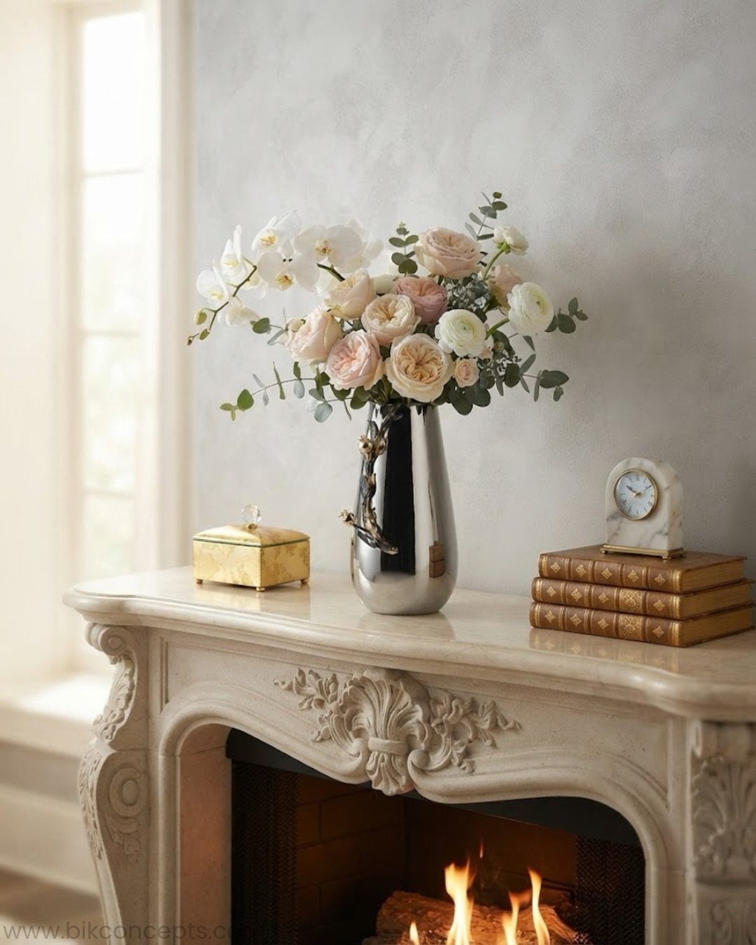 Silver metallic vase with pink and white roses on a white ornate mantelpiece.