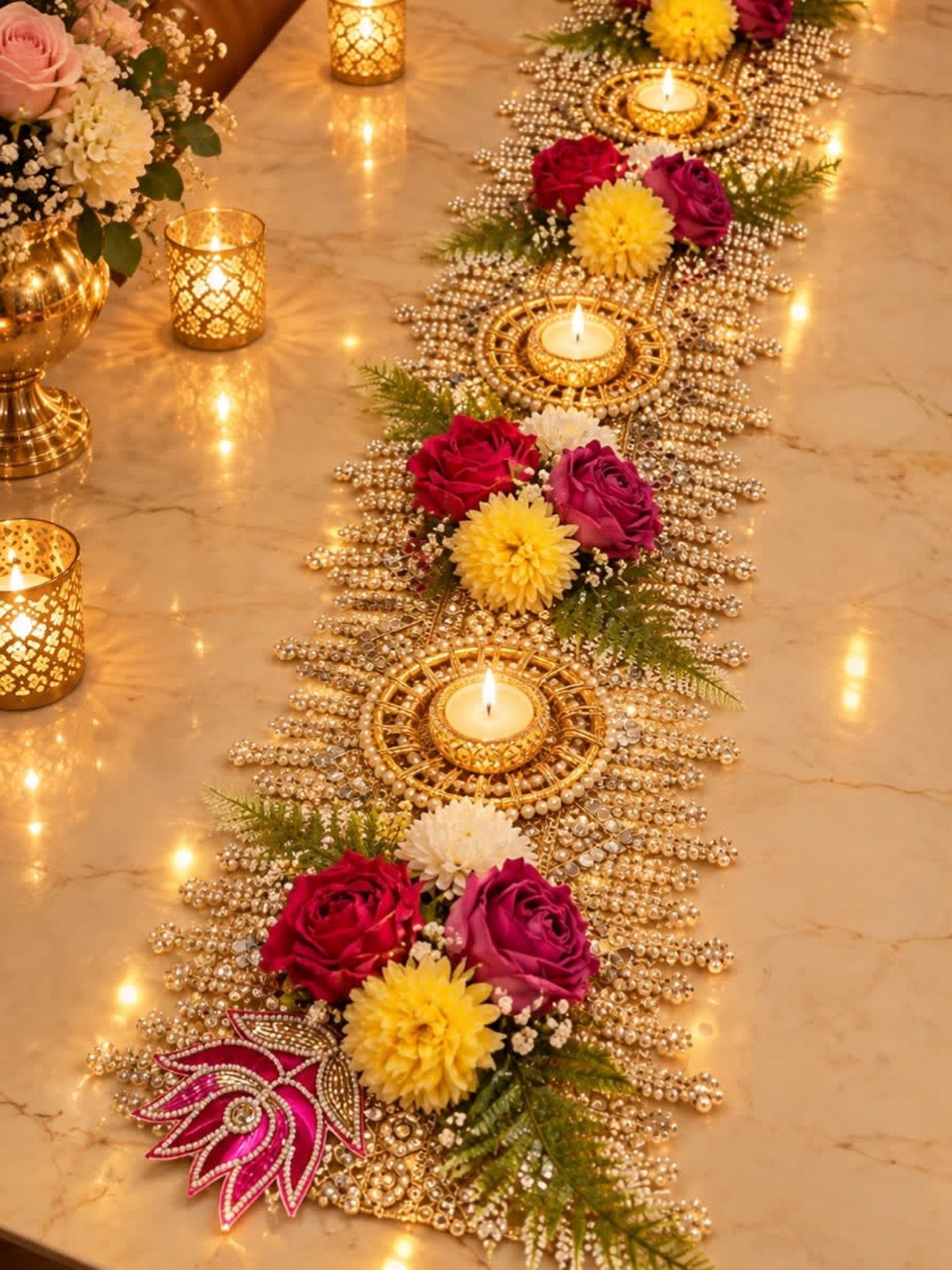 Ornate gold beaded table runner decorated with colorful flowers and lit tea light candles.
