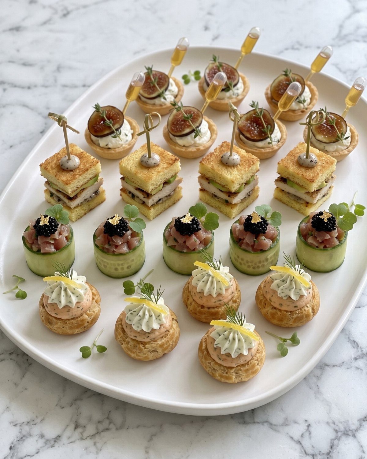 Assorted gourmet appetizers including fig tartlets and cucumber cups on a white platter.