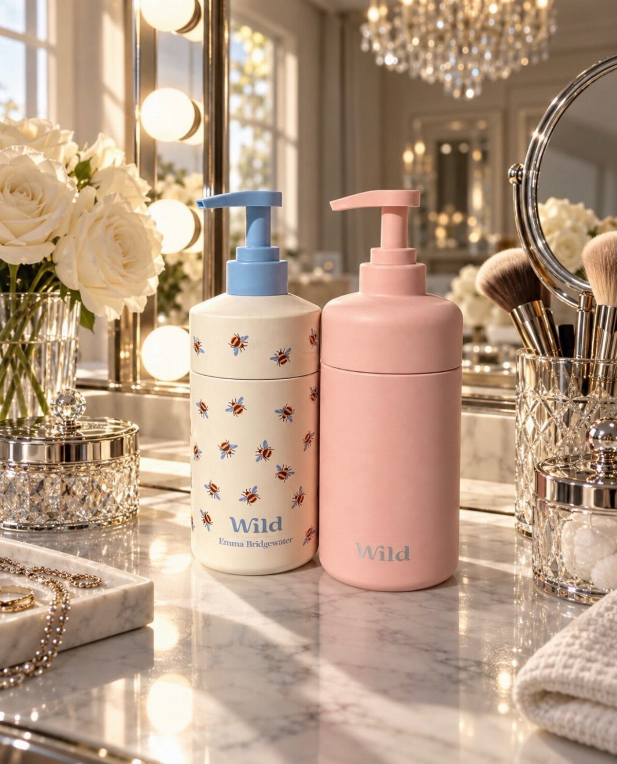 Two refillable soap dispensers on a marble counter next to white roses.