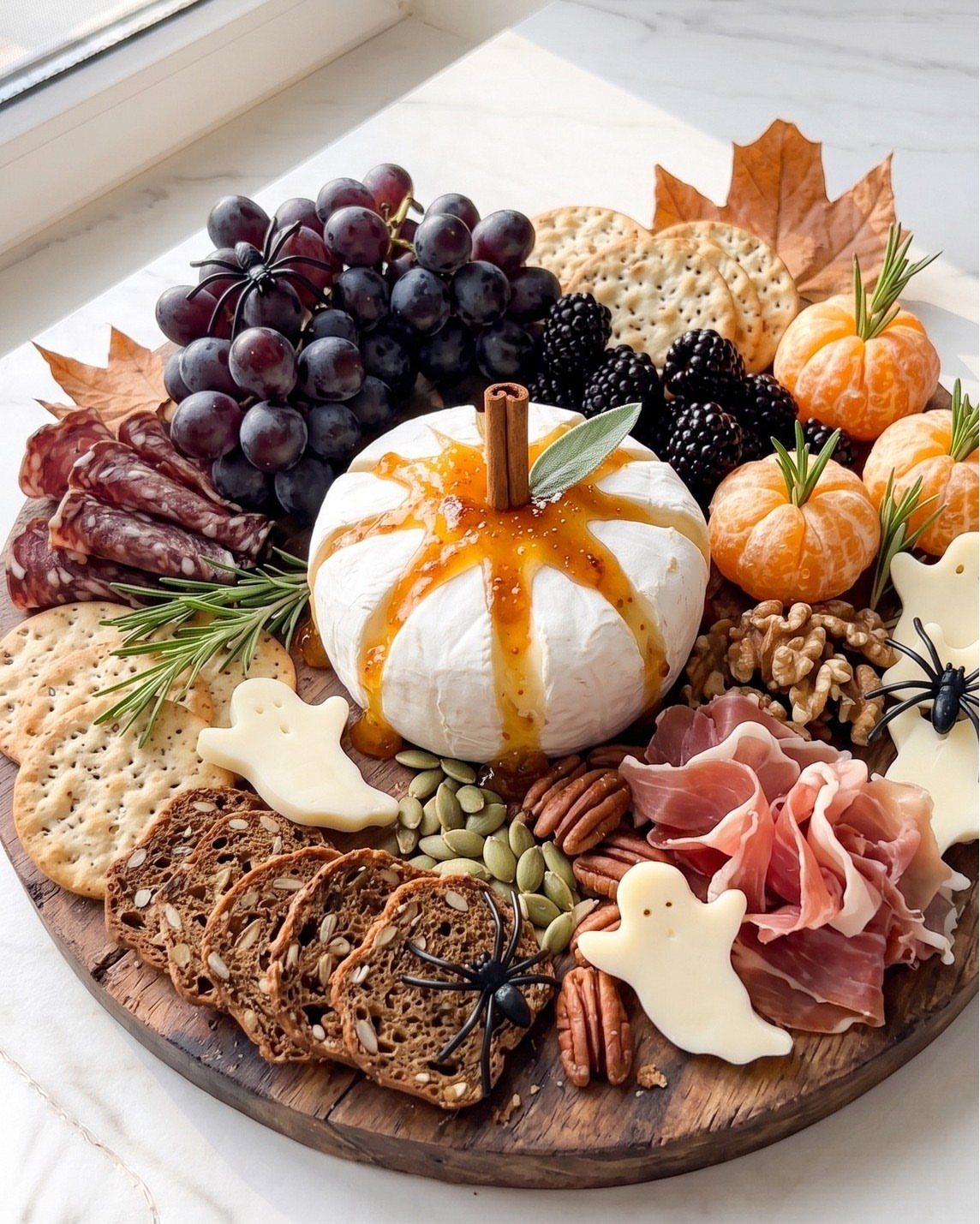 Autumnal cheese board with honey-drizzled brie, grapes, crackers, and ghost-shaped cheese slices.
