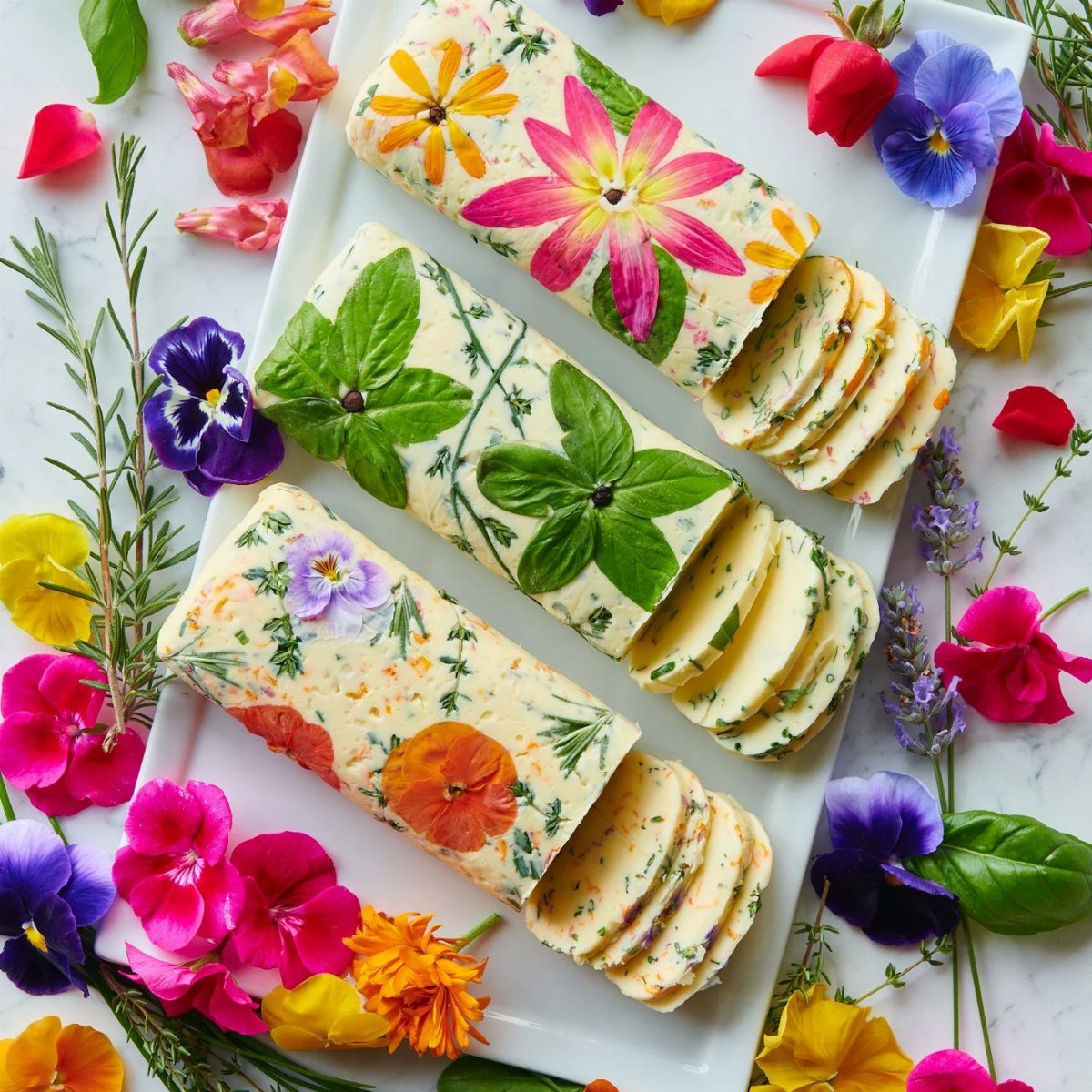 Herb-infused butter logs decorated with edible flowers on a white platter with petals.