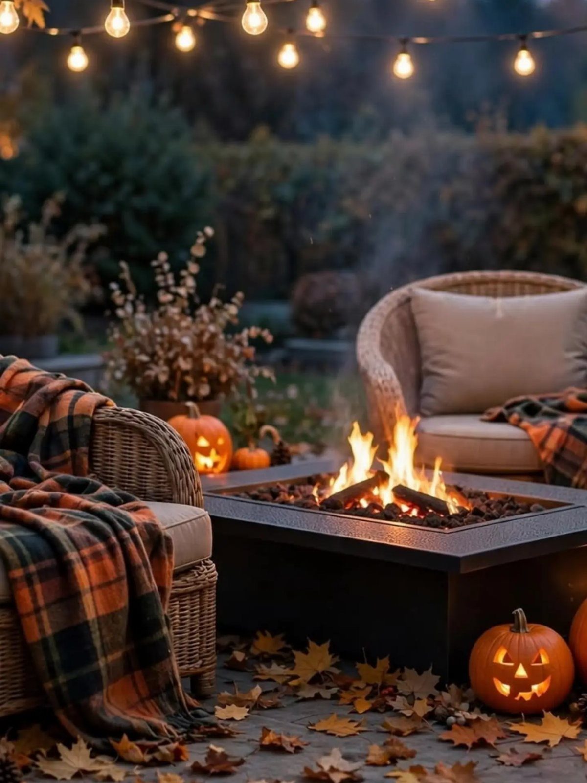 Burning fire pit surrounded by wicker chairs, plaid blankets, and carved pumpkins outdoors.