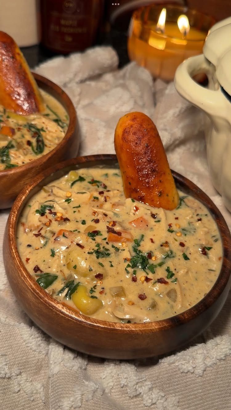 Creamy vegetable stew in wooden bowls with toasted bread and a lit candle.