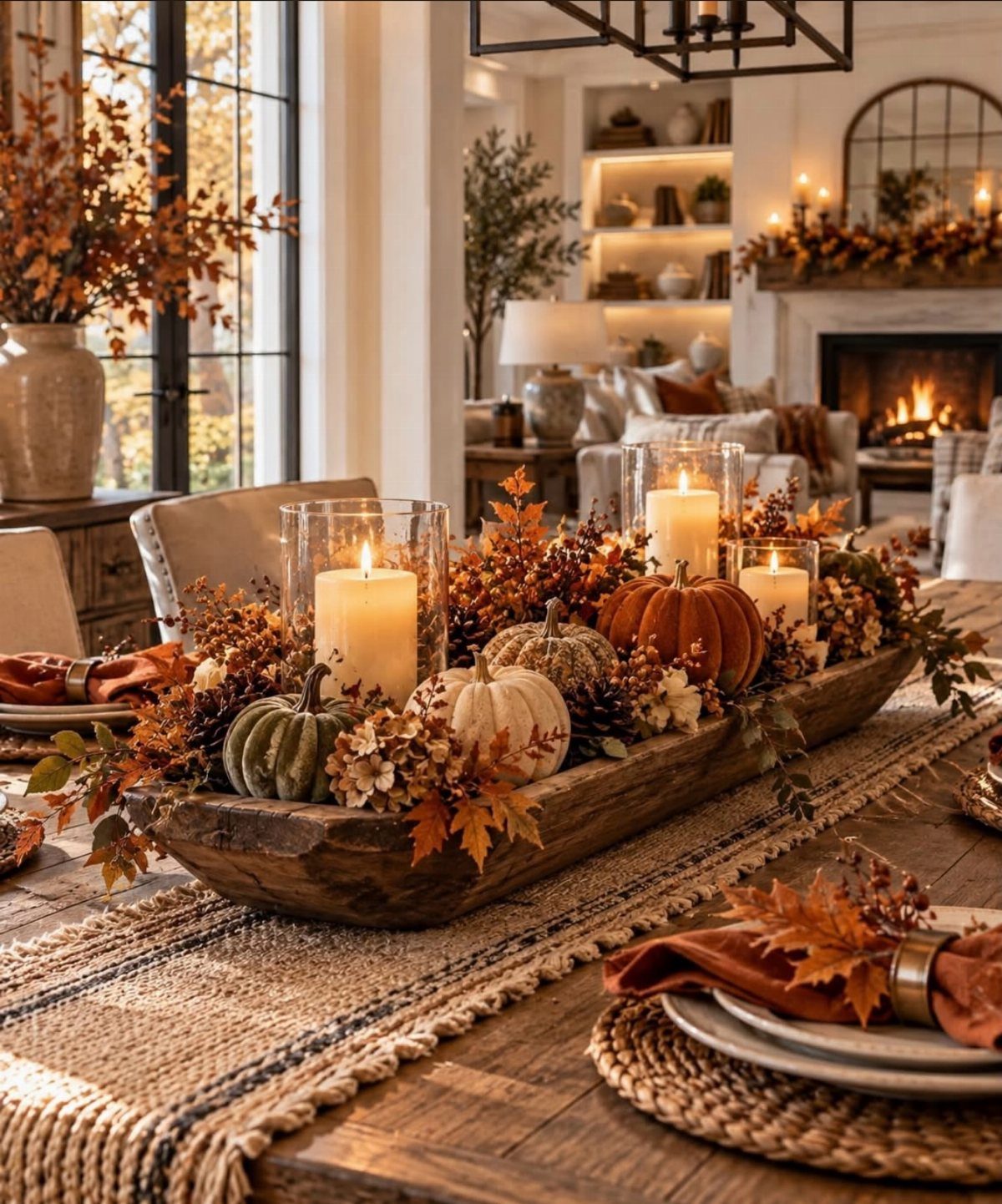 Autumn table centerpiece with pumpkins, candles, and fall leaves in a wooden bowl.