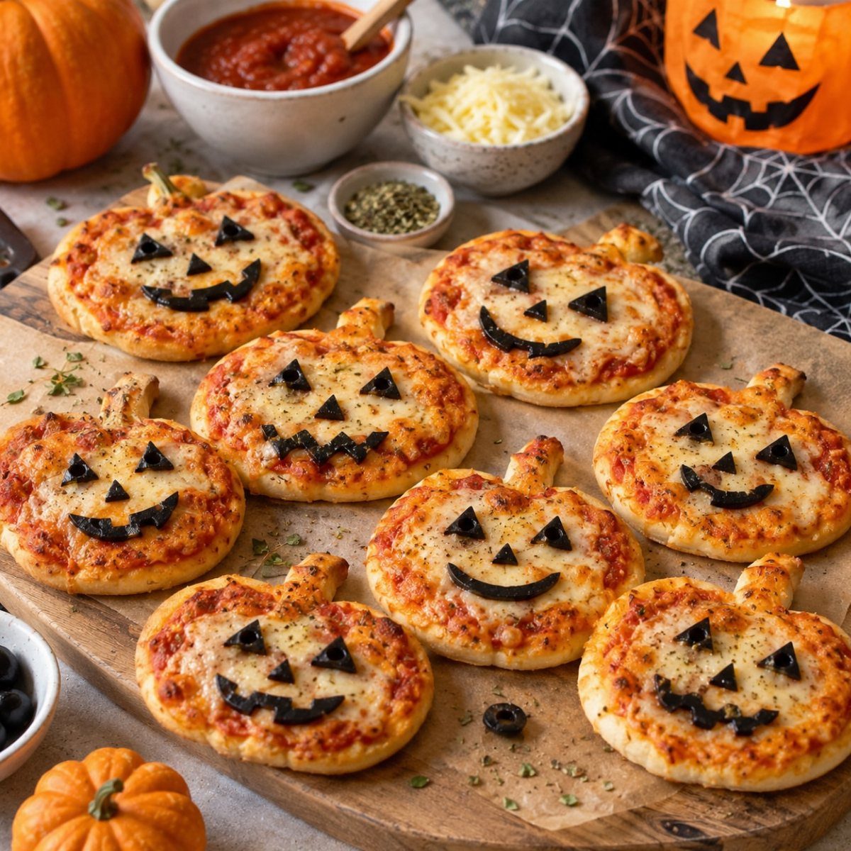 Pumpkin-shaped pizzas with olive faces on a wooden board with pumpkins and sauce.