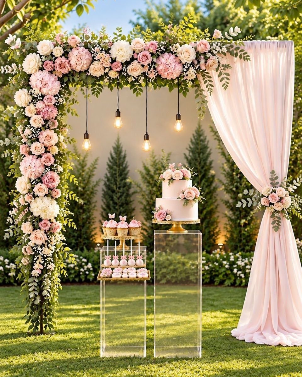 Floral arch and cake display in a garden setting with pink drapery.