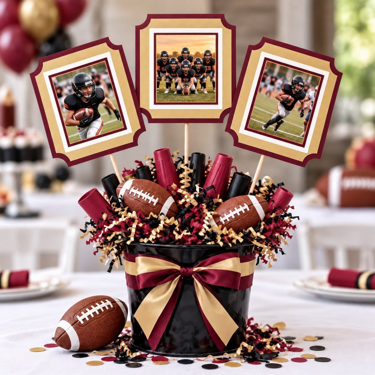 Football centerpiece in a black bucket with photos, mini footballs, and gold ribbons.