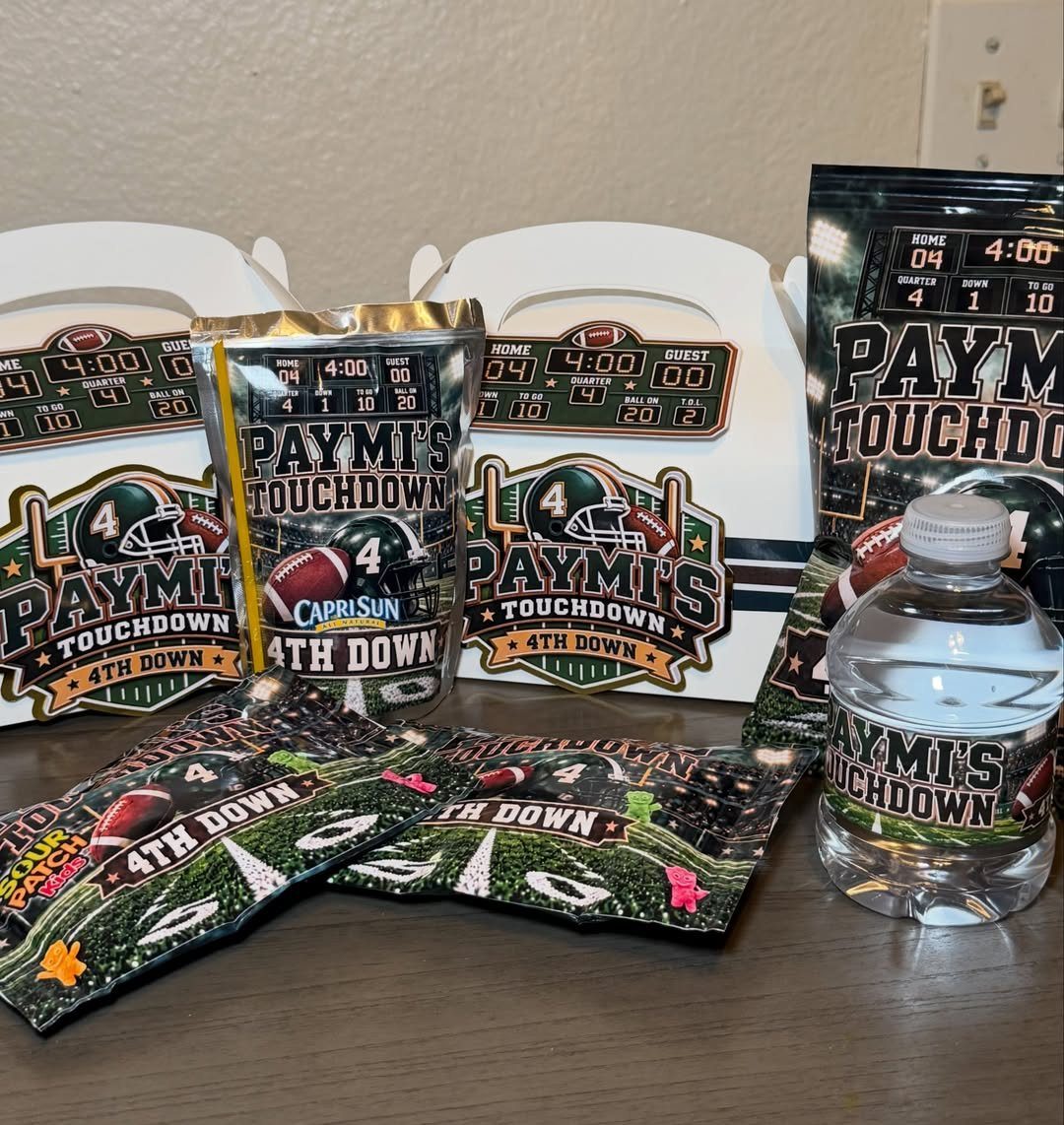 Custom football-themed labels on water bottles, juice pouches, and snack bags for a party.