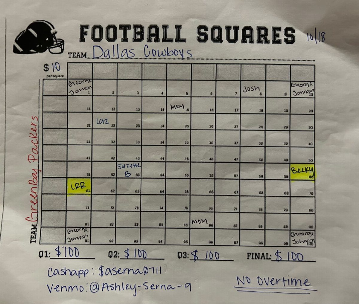 Football squares betting grid on white paper with handwritten names and team names.