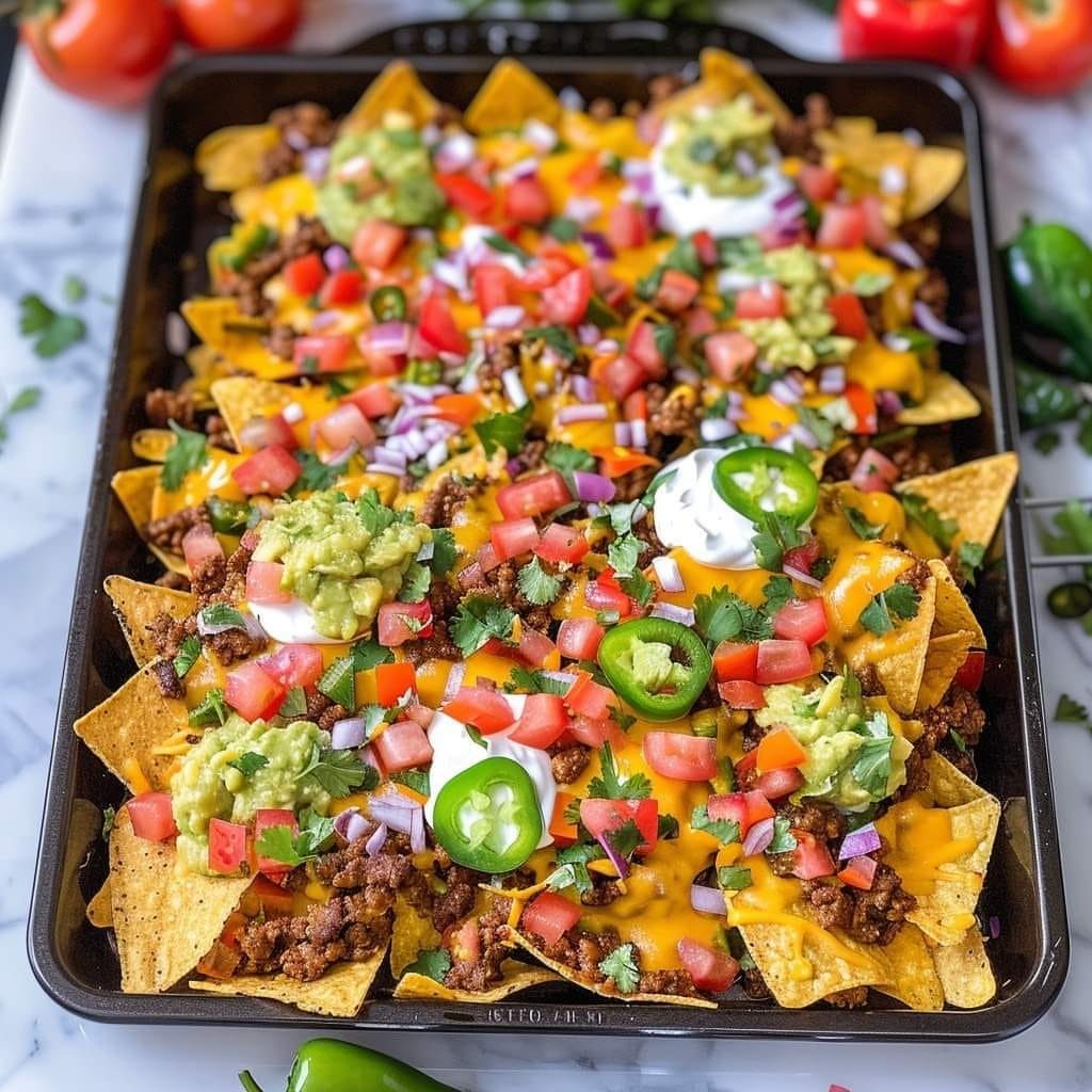 Loaded nachos with beef, cheese, guacamole, and vegetables on a black baking sheet.