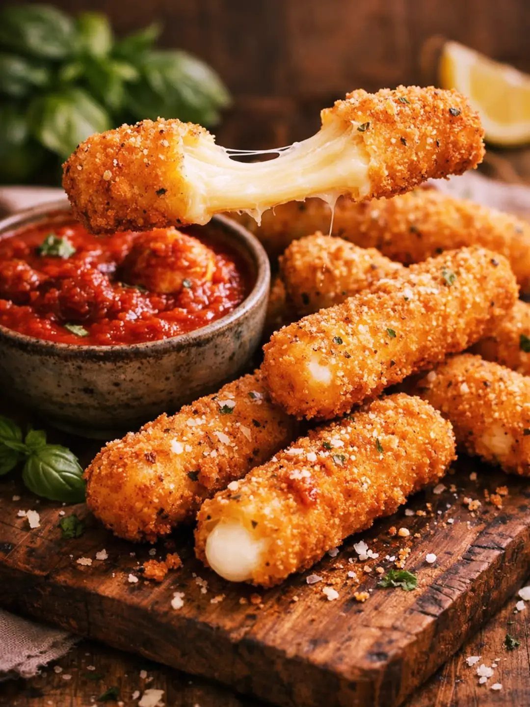Breaded mozzarella sticks with melted cheese stretch next to a bowl of marinara sauce.