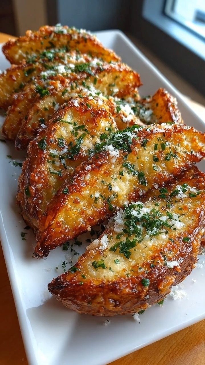 Baked potato wedges topped with melted parmesan cheese and fresh green parsley.