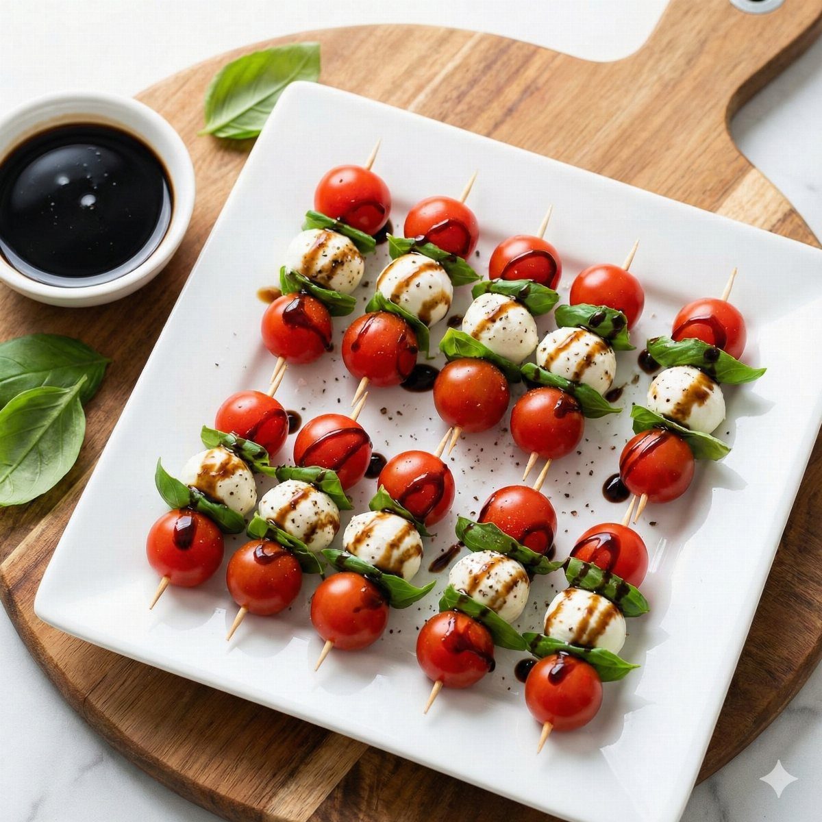 Caprese skewers with cherry tomatoes, mozzarella, and basil on a white plate.