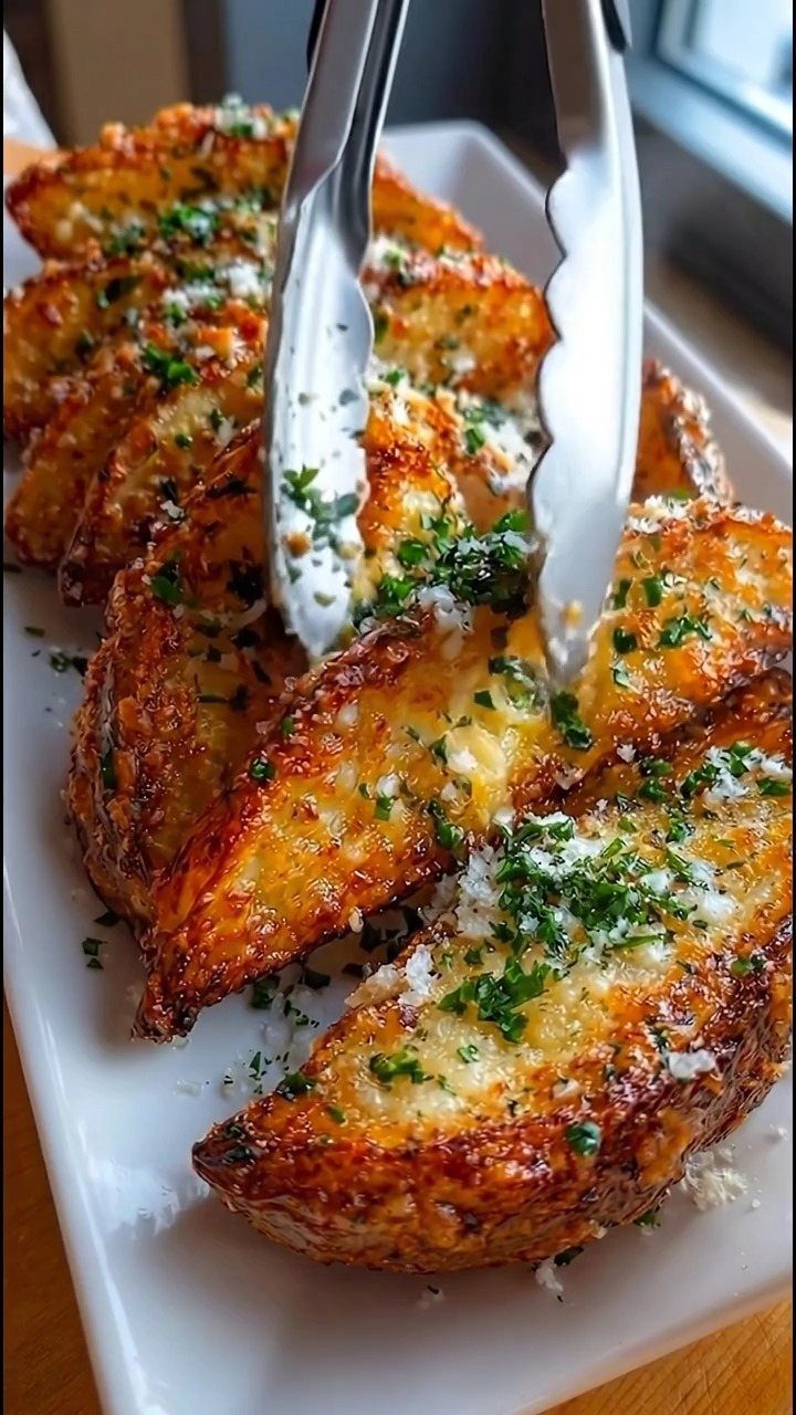 Cheesy garlic bread slices with parsley on a white platter being lifted by tongs