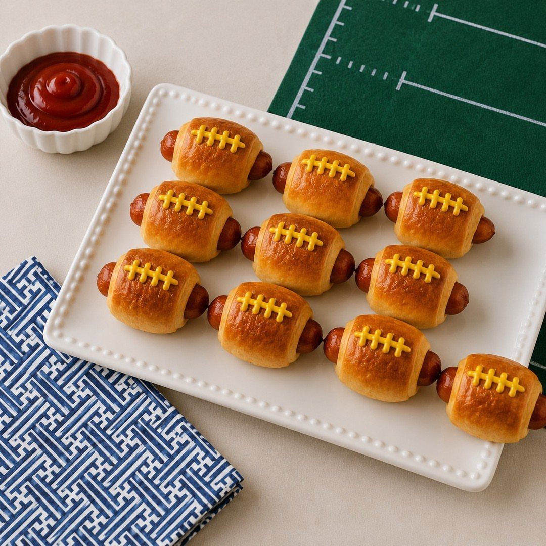 Football-shaped pigs in a blanket on a white platter with ketchup dipping sauce.