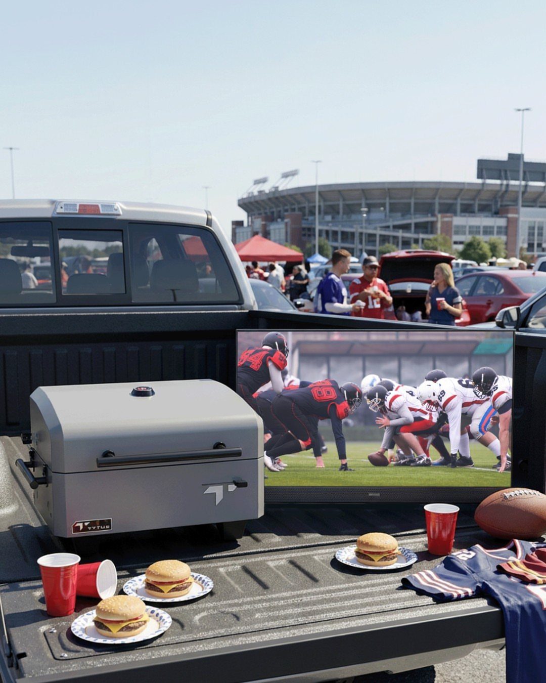 Portable grill and television with burgers in a pickup truck bed at a tailgate.