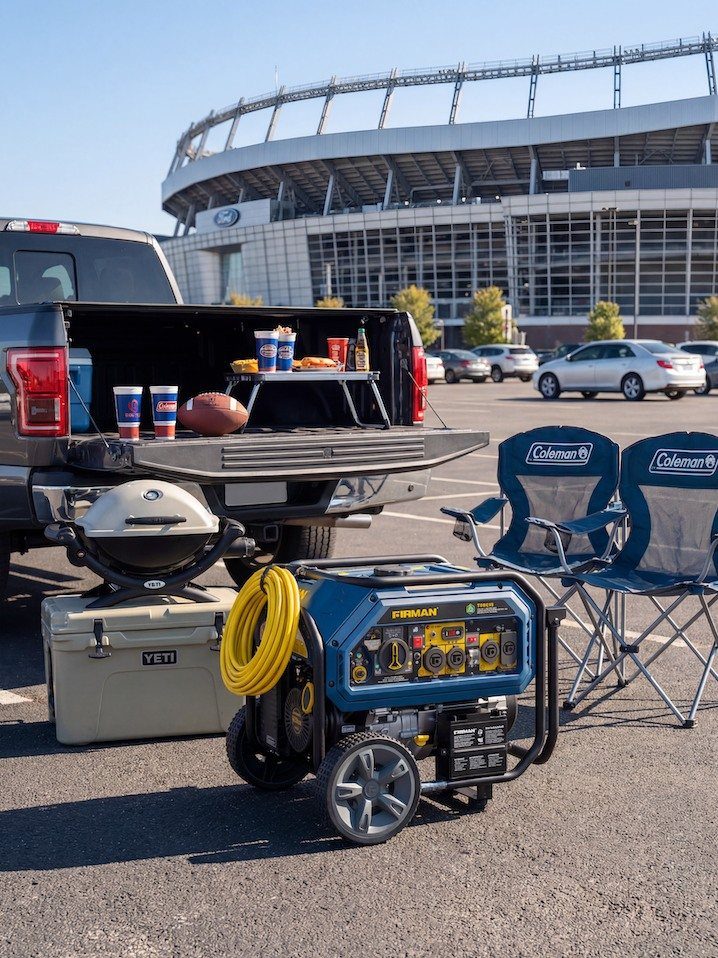 Blue portable power generator with yellow cord at a football stadium tailgate party.