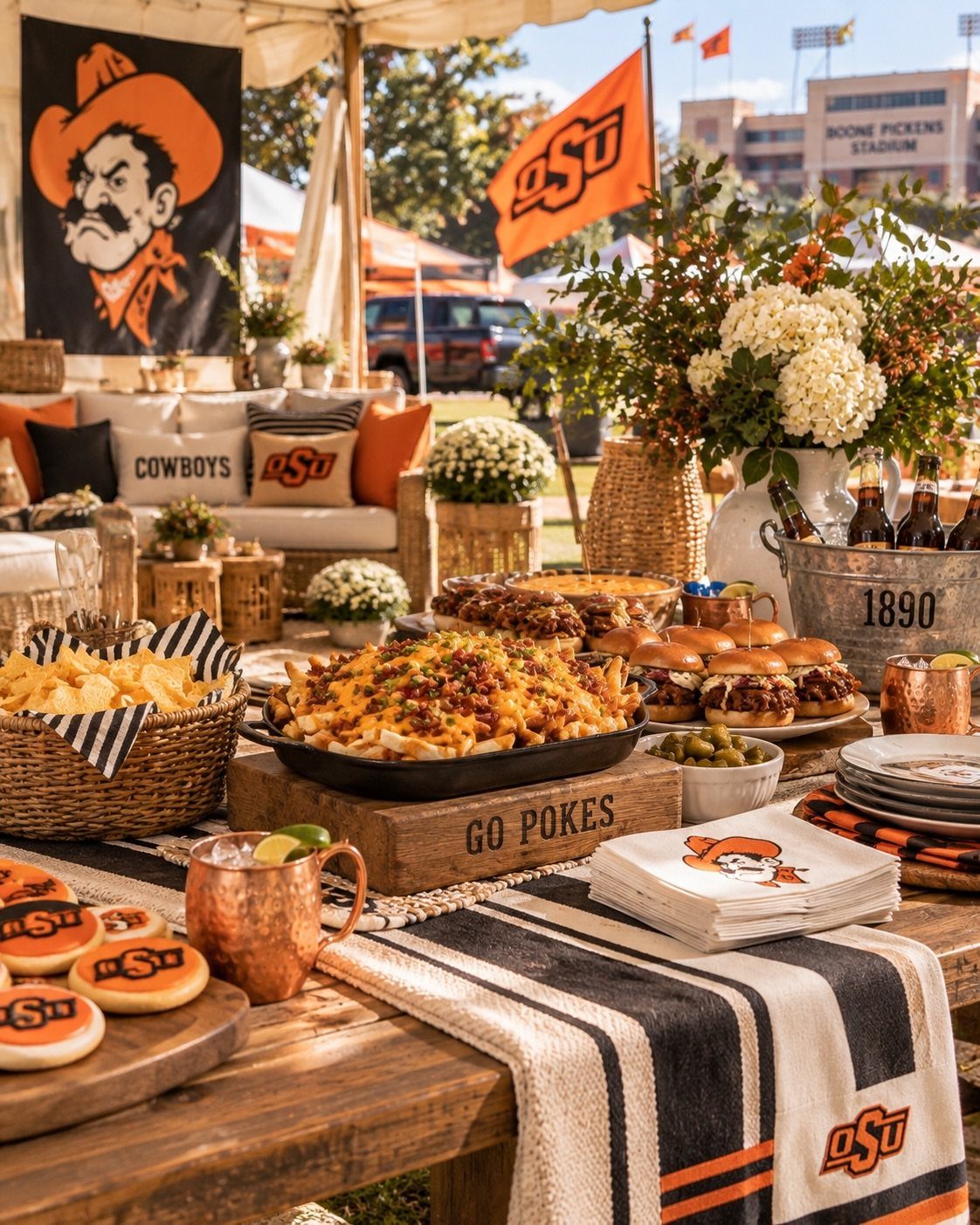 Tailgate food spread with orange and black OSU banners and flags in background