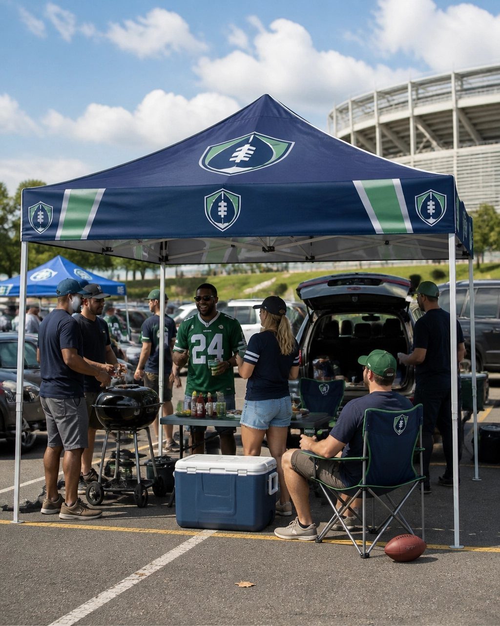 Blue team canopy tent sheltering people with a grill and cooler at tailgate.