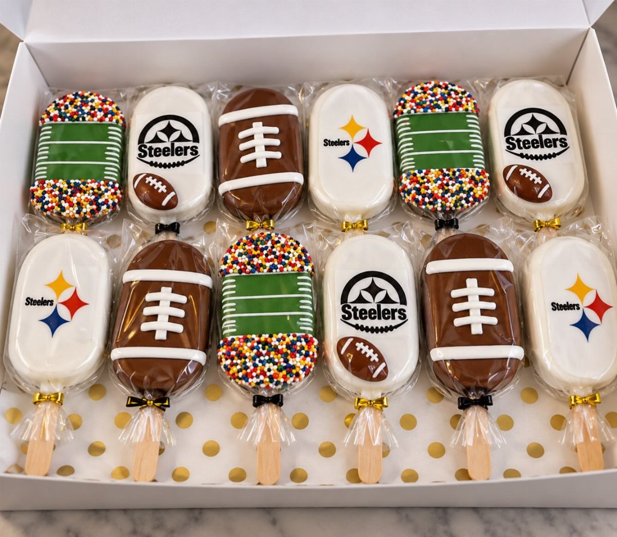 Football themed cake pops in a white box with Steelers logos and sprinkles.