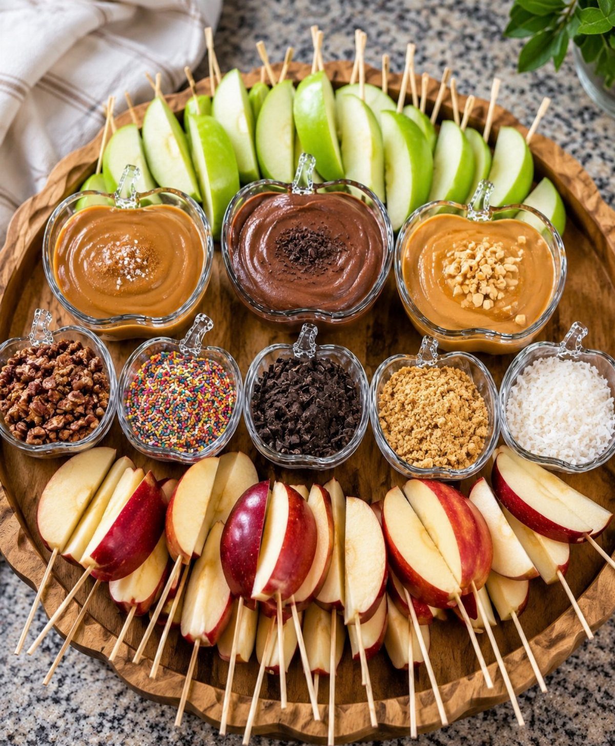 Apple slices on skewers with various dips and toppings on a wooden platter.