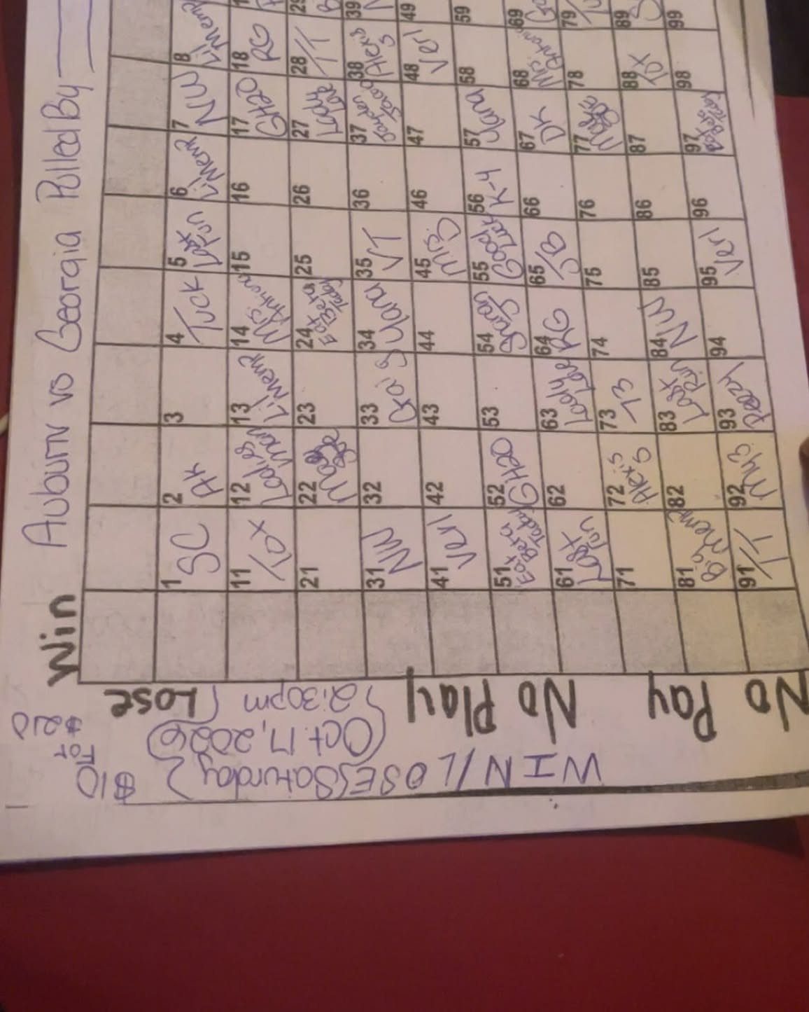Hand-drawn football squares grid for Auburn vs Georgia game on white paper.