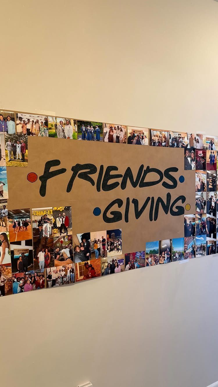 Friendsgiving sign made of cardboard surrounded by a border of personal photographs.