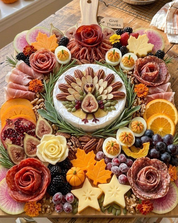 Charcuterie board with a brie cheese turkey, meat roses, and autumn-shaped cheese.