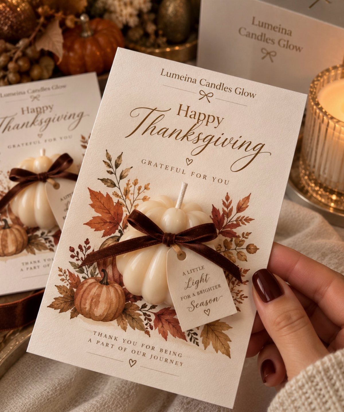 White pumpkin-shaped scented candle attached to a Thanksgiving greeting card with autumn leaves.