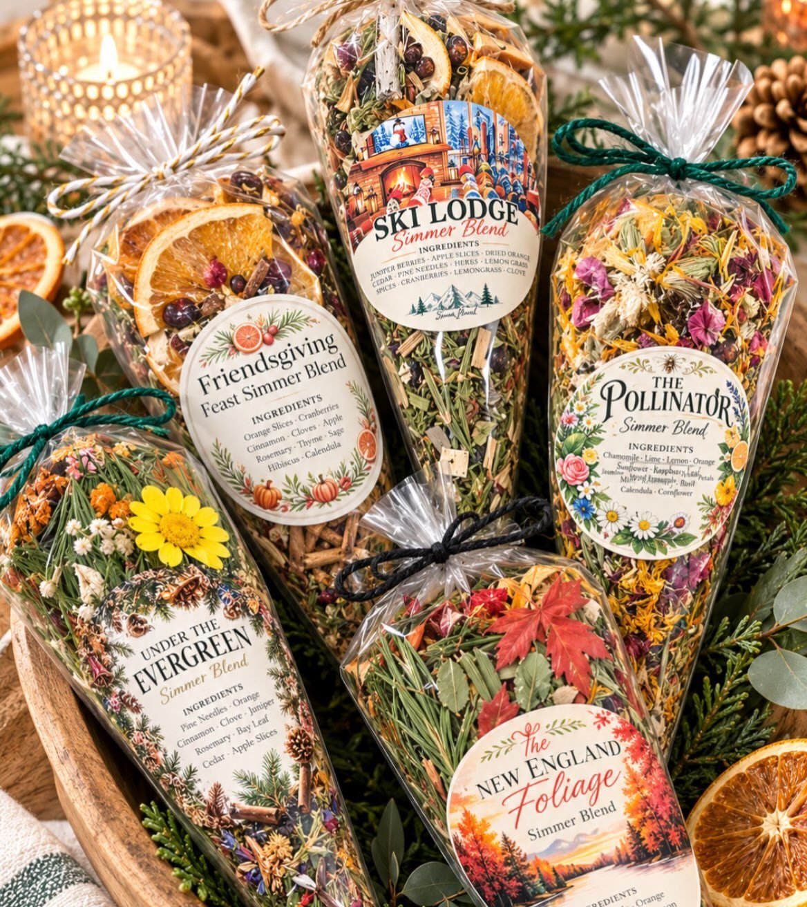 Dried fruit and herb simmer blends in clear bags with festive labels.