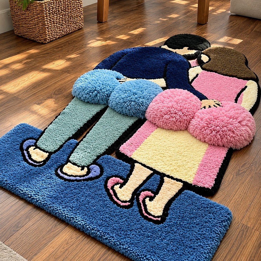 Colorful tufted rug of a couple with large fluffy pom-poms on a wooden floor