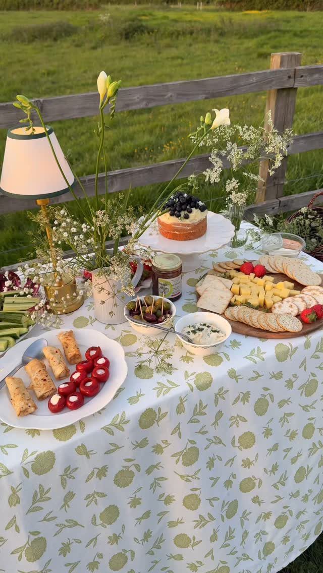 Outdoor table with green patterned cloth, cake, charcuterie, and flowers by a fence.