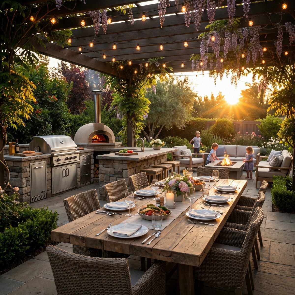 Outdoor patio dining area with a large wooden table, grill, and pizza oven.