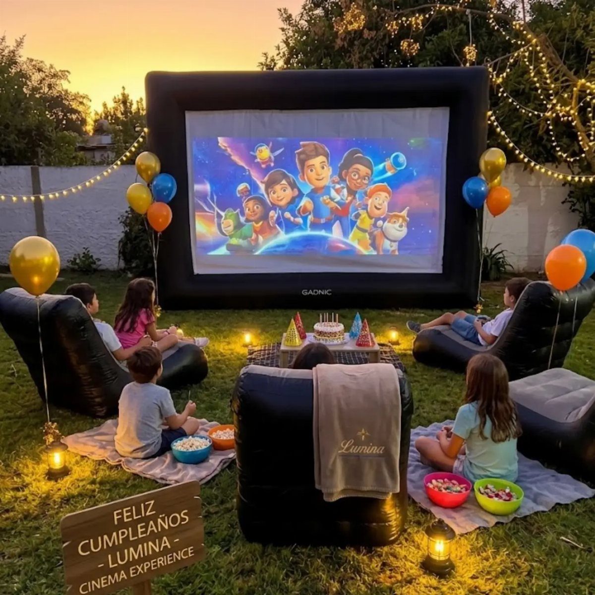 Children watching an animated movie on a large outdoor screen in a garden.