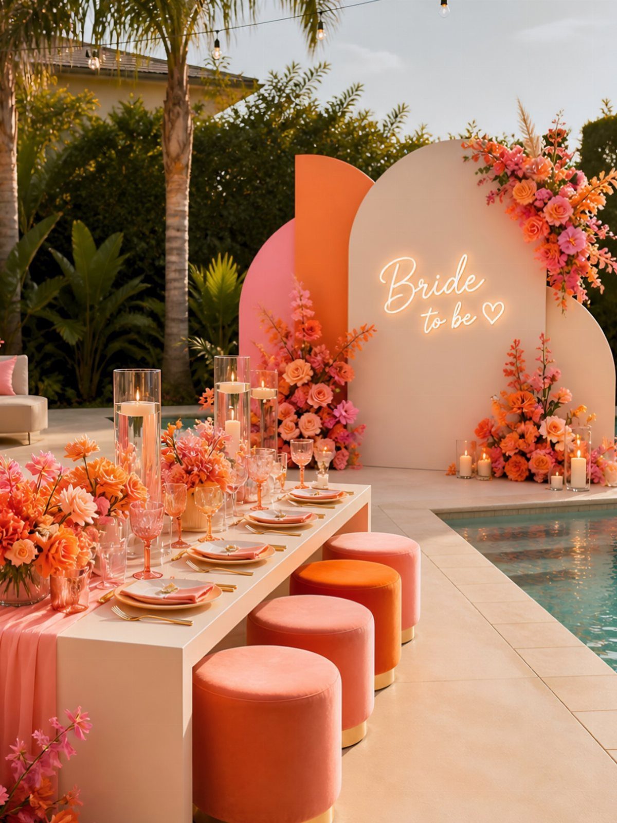 Poolside party setup with pink floral arrangements and a Bride to be neon sign
