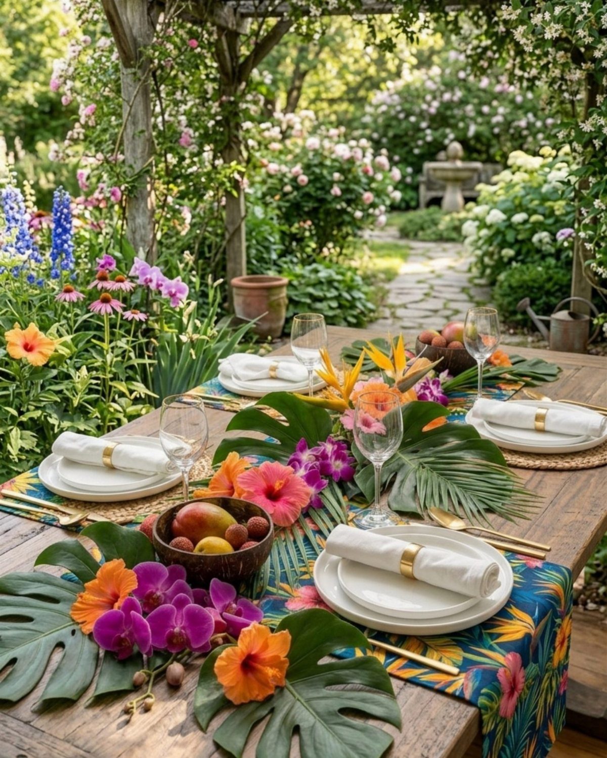 Tropical table setting with monstera leaves and colorful flowers in a blooming garden