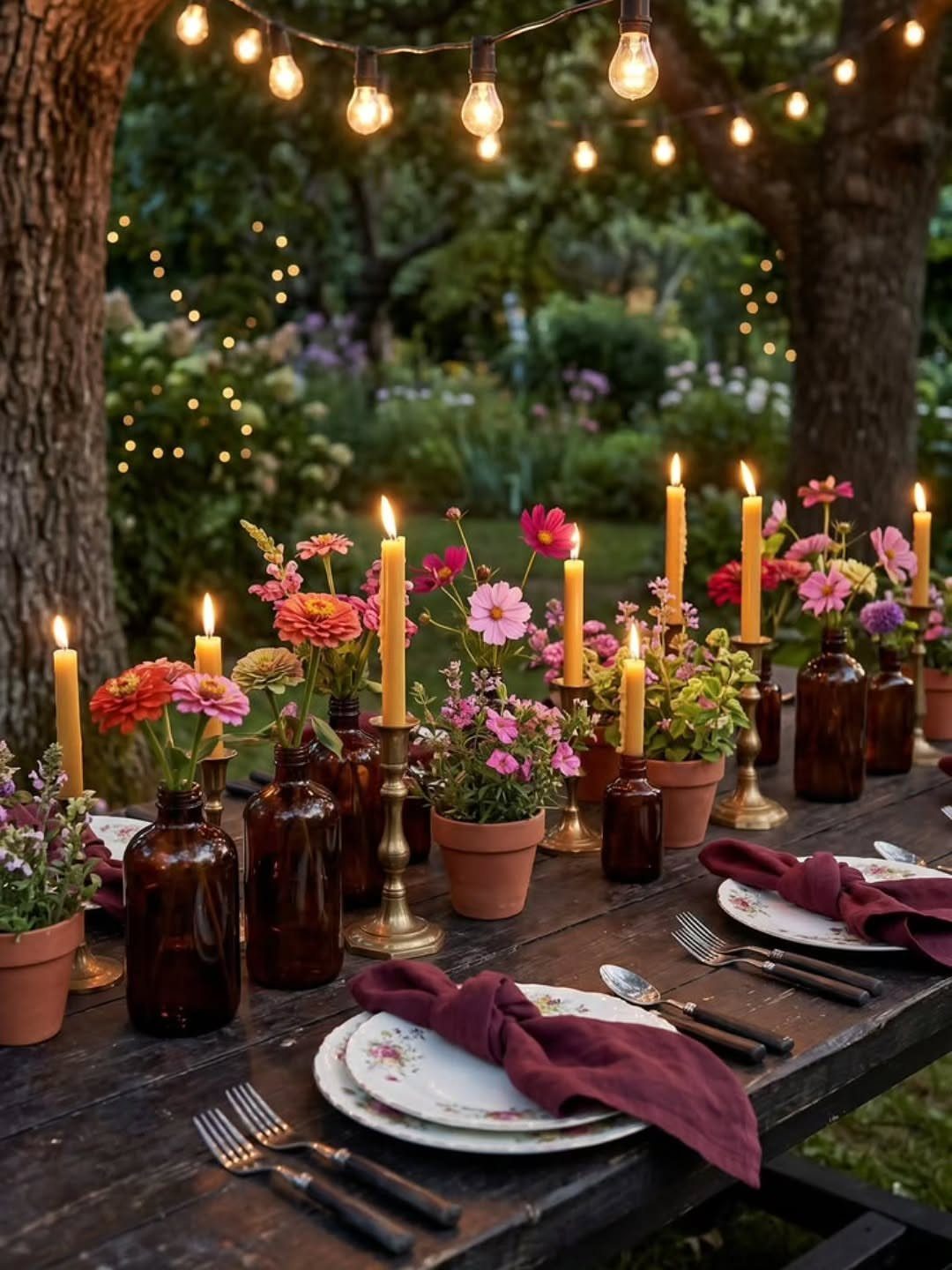 Rustic wooden table set with amber bottles, lit candles, and floral arrangements outdoors.