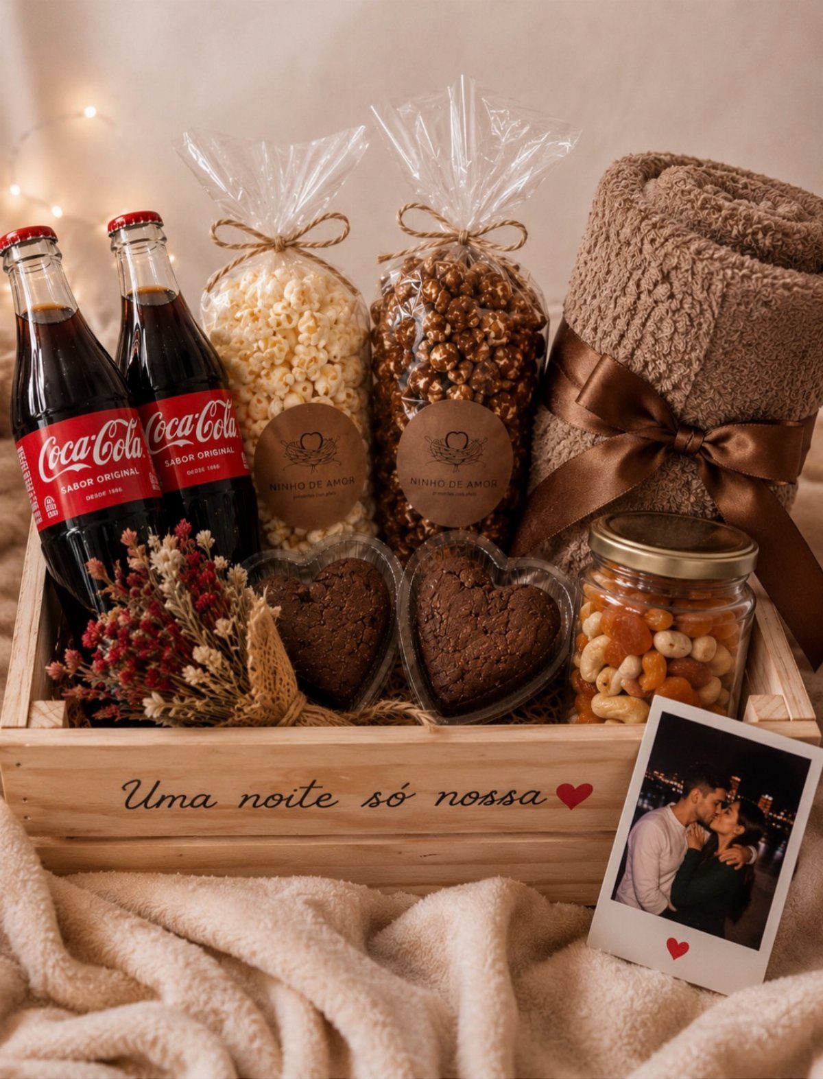 Wooden gift crate with snacks, drinks, a brown blanket, and a couple's photo.