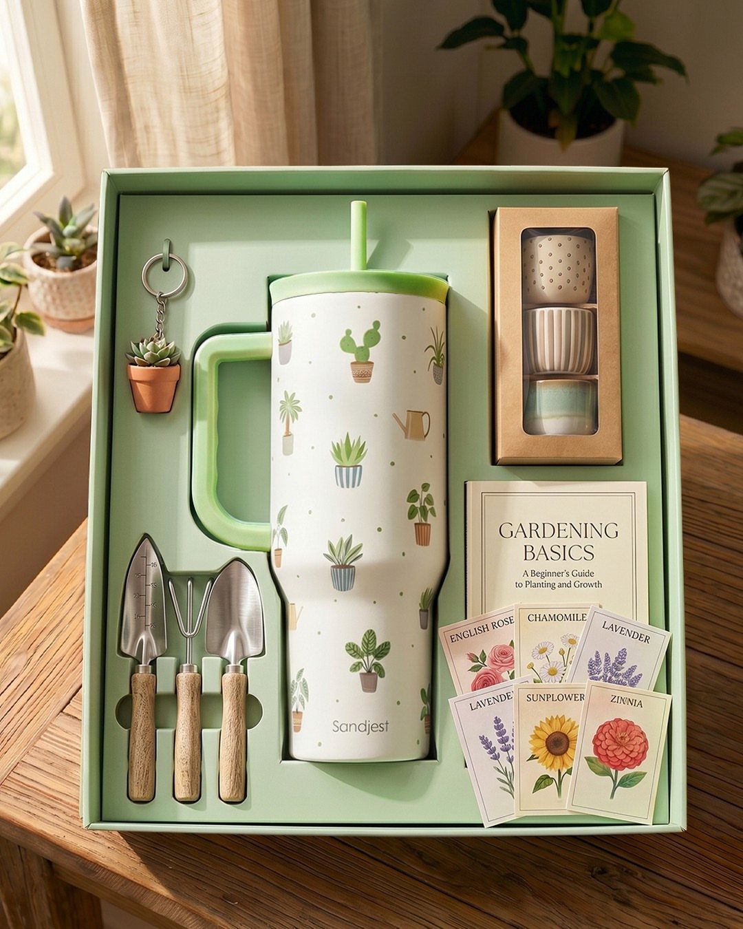Gardening gift set with hand tools, plant-themed tumbler, and seed packets in a box.