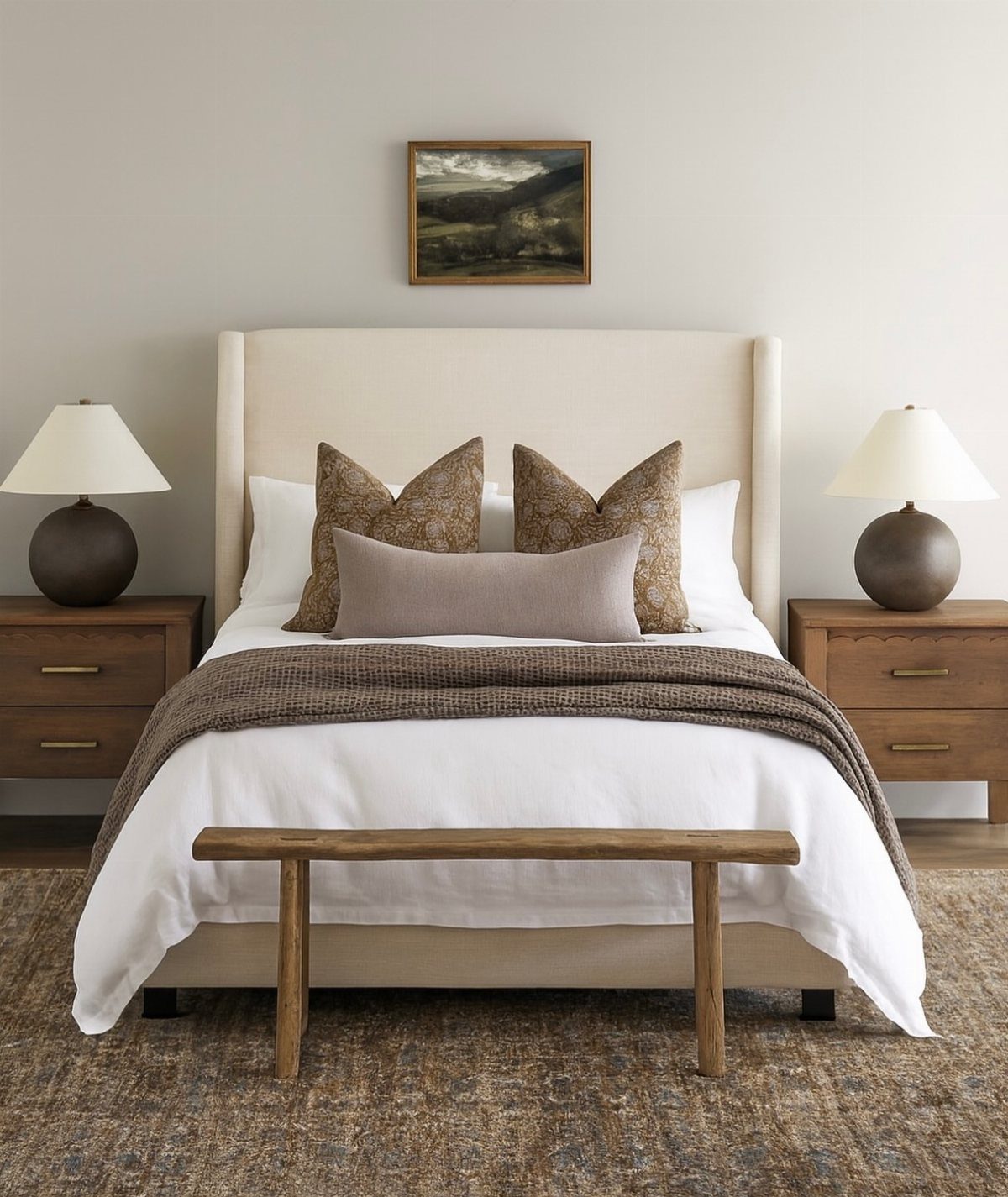 Bed with white linens and a variety of decorative brown and mauve pillows.