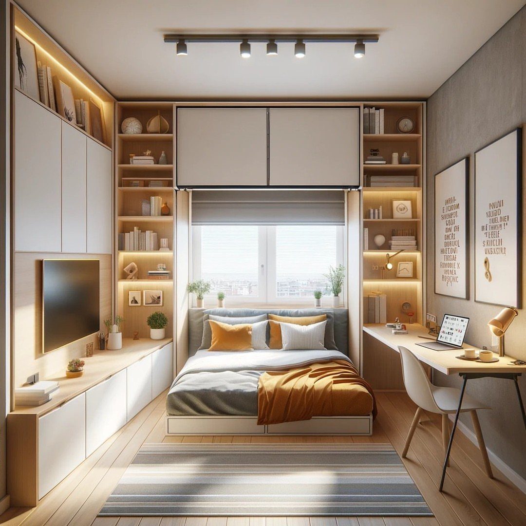 Modern compact bedroom with integrated desk, shelving, and bed with orange accents.